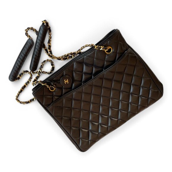 CHANEL Shopper Bag Double Chain Quilted Black Lambskin Large Tote CC Authentic - Picture 12 of 16